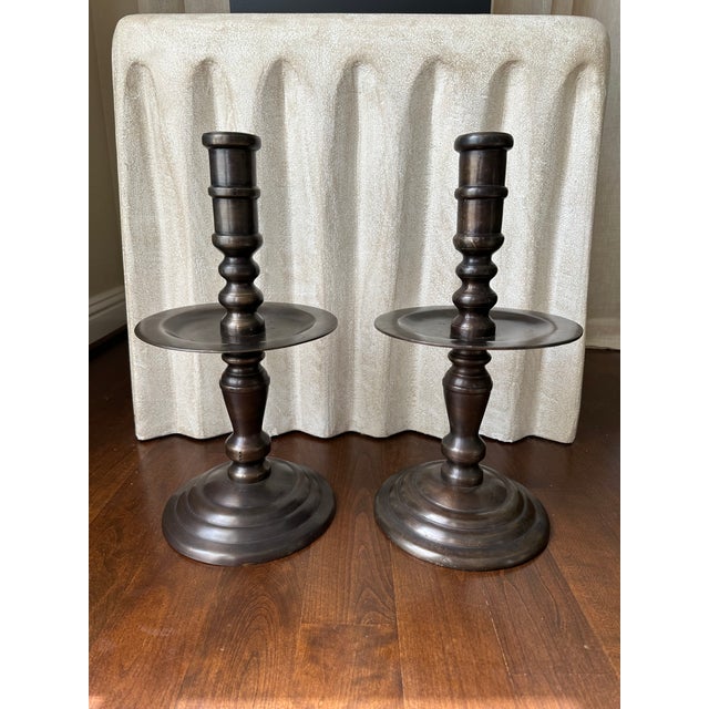 Vintage Monumental 16” Pair of Bronze Candlestick Holders. Clean architectural lines. Beautiful patina. Incredibly heavy,...