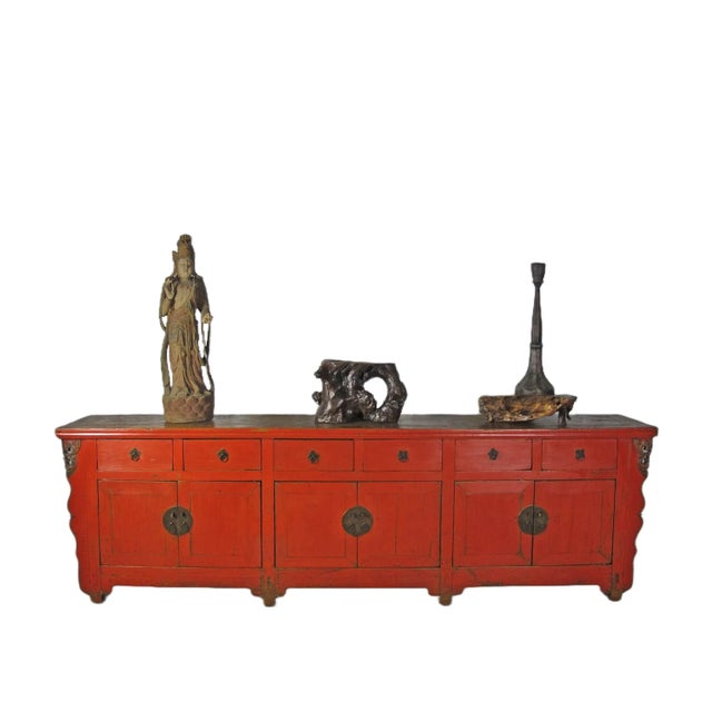 Wood 9 Feet Long Red Antique Chinese Buffet Sideboard Cabinet For Sale - Image 7 of 12