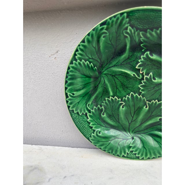French Country French Green Majolica Leaves Plate Clairefontaine , Circa 1890 For Sale - Image 3 of 4