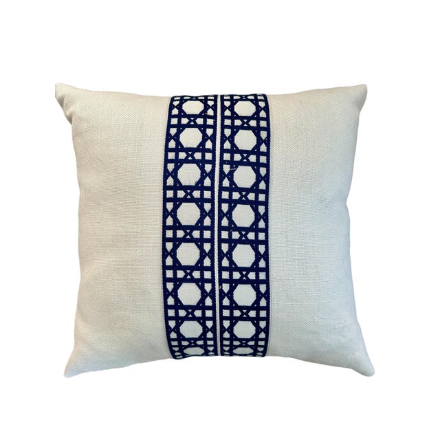 Beautiful, classic accent pillows Oyster Linen with Navy Lattice Tape down the center. Includes down blend pillow fills....