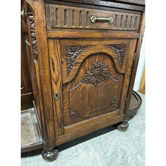 Antique Victorian Carved Oak Hall Tree With Mirror, Brass Hooks & Umbrella Stands For Sale - Image 6 of 10
