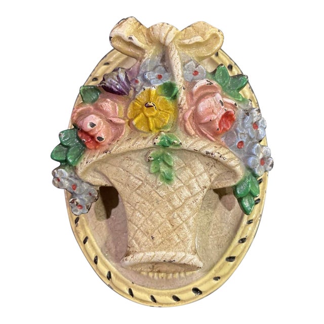 Antique Cast Iron Floral Basket Door Knocker — Hand-Painted Storybook Cottage Entry Hardware — Architectural Salvage Accent For Sale