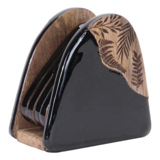 Floral Etched Wood Coaster with Holder (Set of 5) For Sale