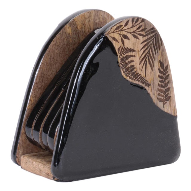 Floral Etched Wood Coaster with Holder (Set of 5) For Sale