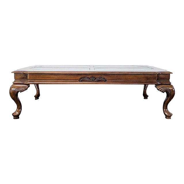 Carved Cherrywood Coffee Table With Beveled Glass Inserts For Sale