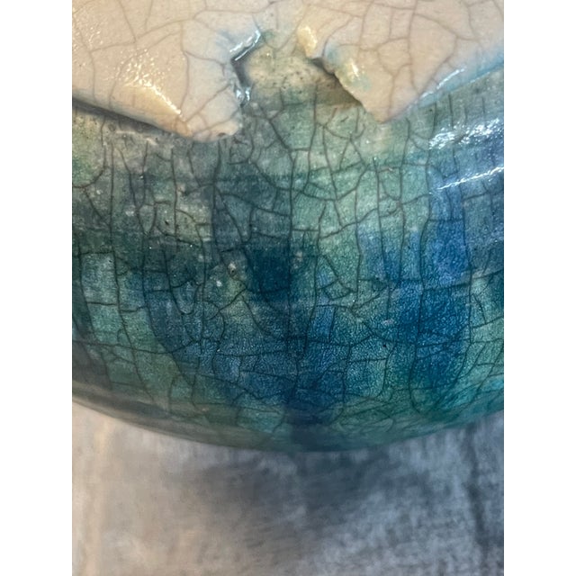 Exquisite Turquoise Jade Aquamarine Fired Crackled Raku Art Pottery VTG Signed For Sale - Image 9 of 12