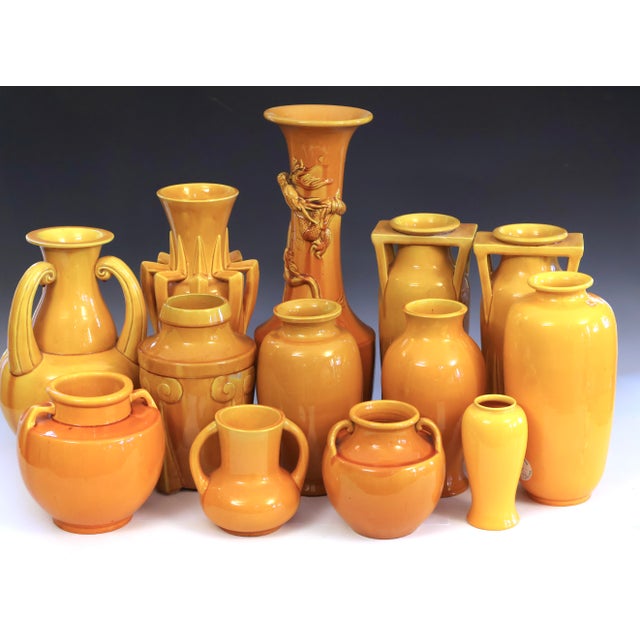 Yellow Vintage Awaji Pottery Dragon Vase Japanese Arts Crafts Yellow Monochrome 18" For Sale - Image 8 of 9