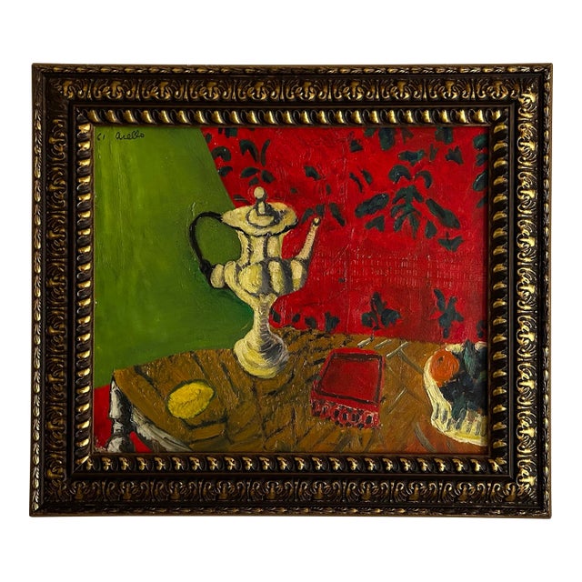 Vintage 1961 Still Life Oil Painting in the Manner of Matisse by John Aiello For Sale