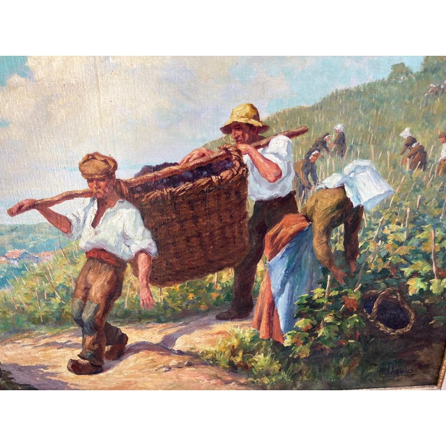Vintage original Oil Painting "Grape Harvest In Burgundy" signed A David. The painting depicts the annual Autumn gathering...