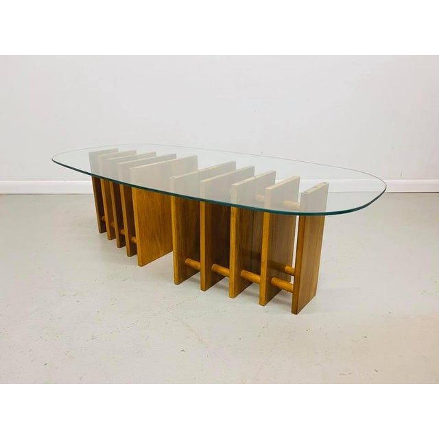 Mid Century Modern Oval Glass Coffee Table With Ribbed Walnut Base