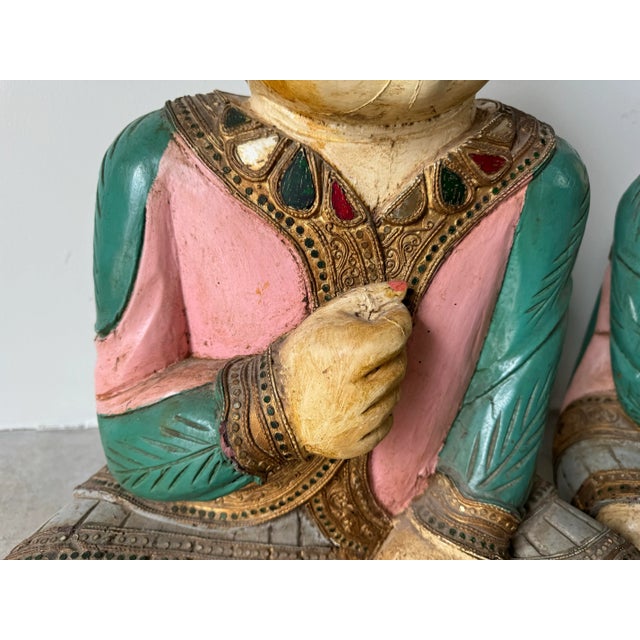 Vintage Asian Hand Carved Wood and Painted Seated Children Sculptures - a Pair For Sale - Image 12 of 12