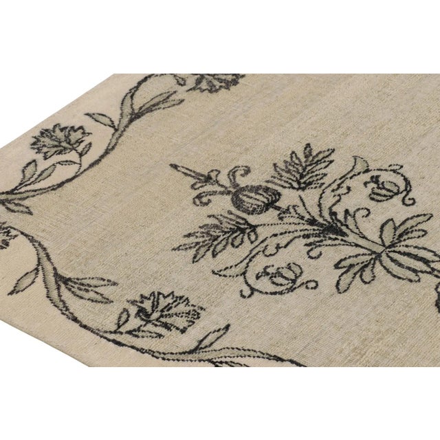 Traditional Rug & Kilim’s Block Print Rug, White and Taupe With Elegant Black Floral Motifs For Sale - Image 3 of 8
