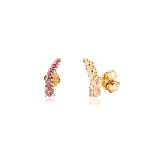 Modern Modern Pink Sapphire Curved Bar Stud Earrings in 14k Yellow Gold Modern Jewelry- 2 Pieces For Sale - Image 3 of 9