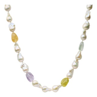 14K Yellow Gold Citrine, Amethyst, and Baroque Pearl Strand Necklace - 18" Inches For Sale