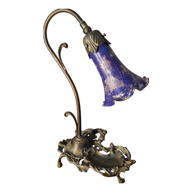 Cast Iron Lamp with Patinated Bronze Finish and Painted Tulip Shade, 1975 For Sale