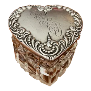 Late 19th Century Sterling Silver and Cut Crystal Heart Shaped Vanity Jar
