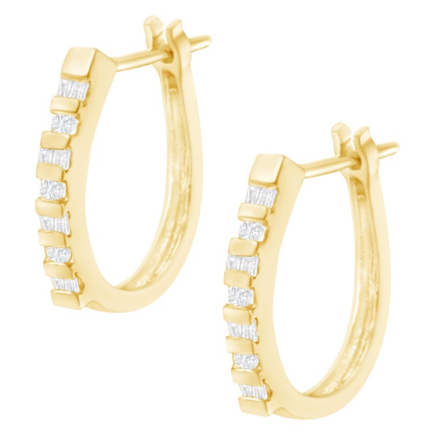 10K Yellow Gold Round and Baguette Cut Diamond Oblong Hinged Leverback Hoop Earrings (�� Cttw, I-J Color, I2-I3 Clarity) For Sale - Image 4 of 6