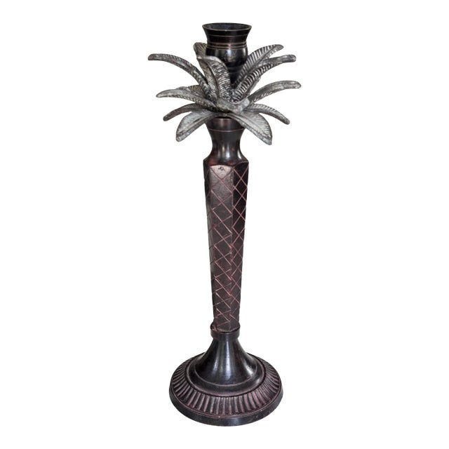 Maitland Smith Style Enameled Metal Palm Tree Candle Holder For Sale