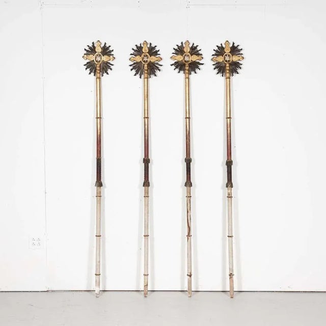 A rare set of four antique French Baroque style hand carved giltwood baton de ceremonies or processional crosses used in a...