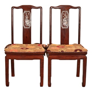 Antique Chinese Carved Rosewood Side Chairs or Dining Chairs With Mother of Pearl Inlay, Circa 1890s For Sale