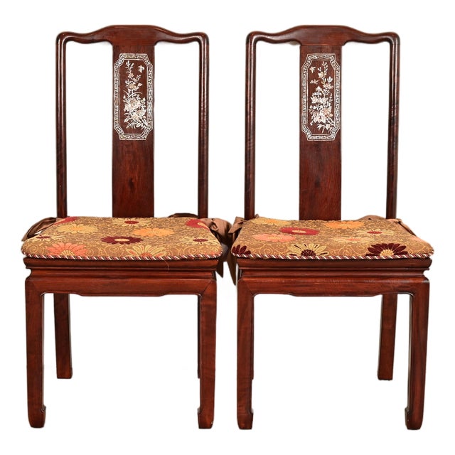 Antique Chinese Carved Rosewood Side Chairs or Dining Chairs With Mother of Pearl Inlay, Circa 1890s For Sale