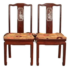 Antique Chinese Carved Rosewood Side Chairs or Dining Chairs With Mother of Pearl Inlay, Circa 1890s