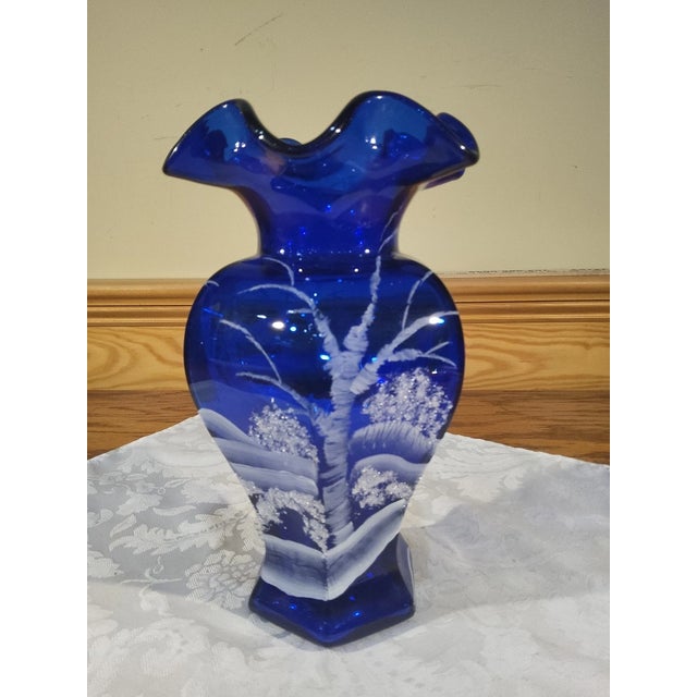 Mid-Century Modern Vintage Fenton 100th Anniversary Cobalt Blue Hp Deer in Winter Scene Glass Hexagon Vase For Sale - Image 3 of 8