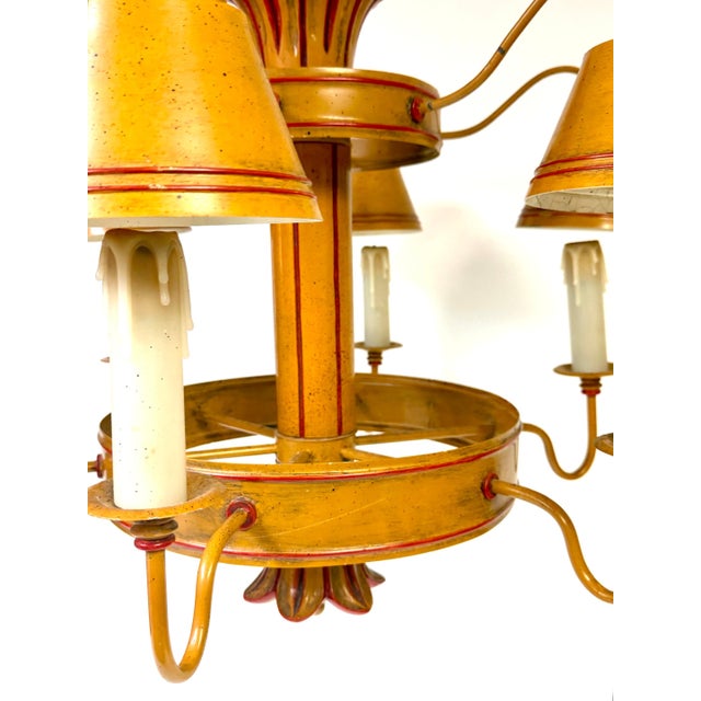 Mid 20th Century Hollywood Regency Ochre Japanned Faux Bamboo Tole Six-Light Chandelier For Sale - Image 14 of 18