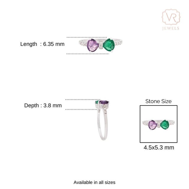 Geometric Emerald Amethyst & Diamond Two Stone Bow Ring Size 7 in 14k Gold For Sale - Image 9 of 15