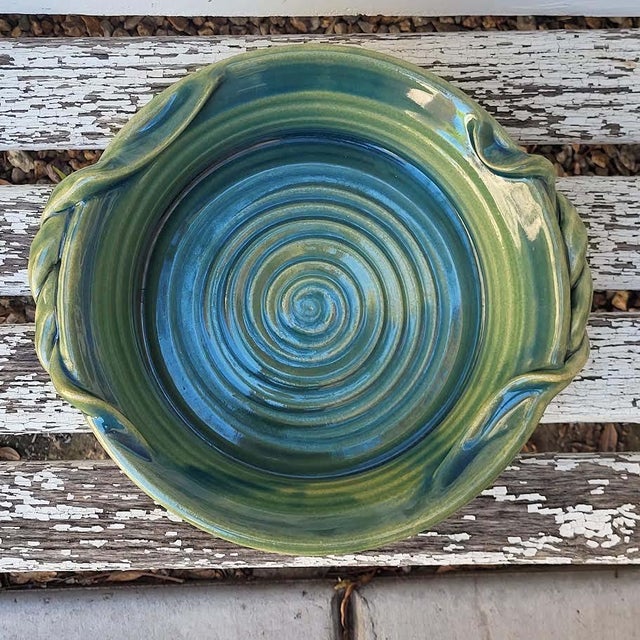 Vintage Handcrafted C. Cly Studio Pottery Swirl Serving Bowl With Braided Rope Rim For Sale - Image 4 of 10