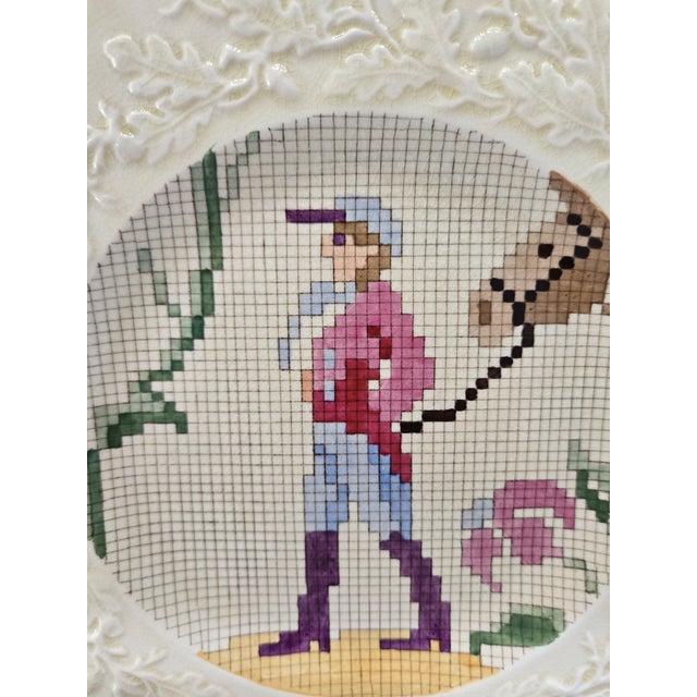 Mason's Ironstone English Mason’s Ironstone Sampler Needlepoint Sporting Plates With Embossed Floral Borders, Set of 6, Circa 1930 For Sale - Image 4 of 18