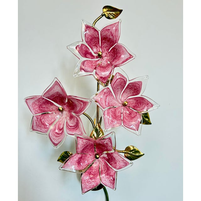 Beautiful vintage Murano style wall sconce featuring rare dark pink hand-painted glass flowers. This elegant floral design...