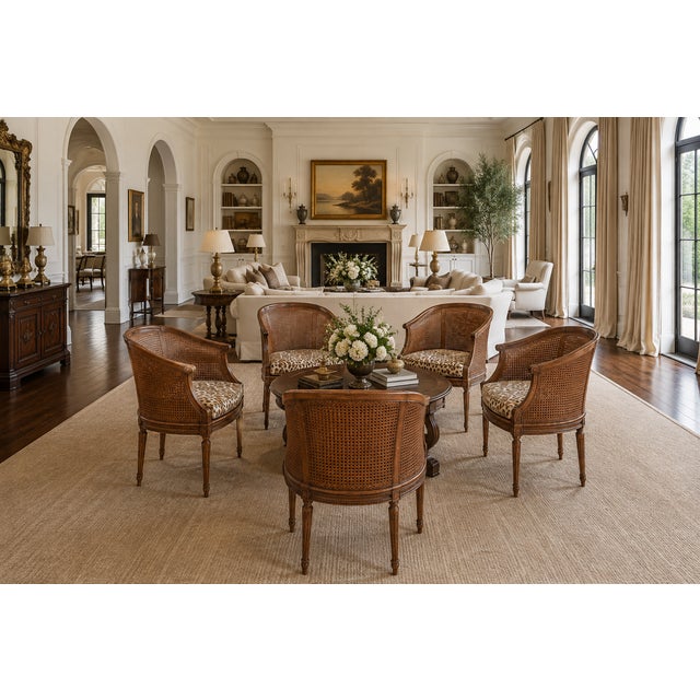 Louis XVI Carved Oak & Cane Barrel-Back Armchairs with Leopard Upholstery-Set of 6 Dimensions Height: 31 ½ in. (80 cm)...