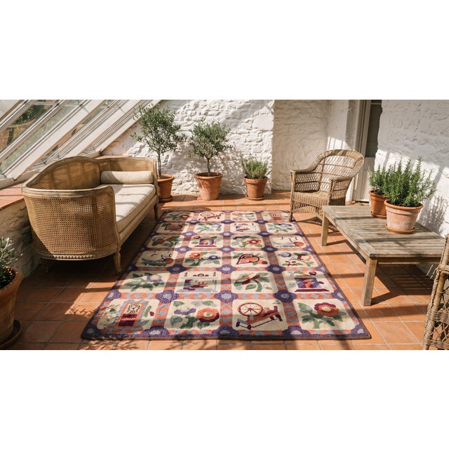 1930s Small Multicolor Geometric Roses Folk Art Antique American Hooked Wool Rug For Sale - Image 13 of 14