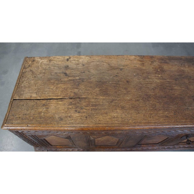 17th Century Bench Chest with Wood Carvings For Sale - Image 5 of 14