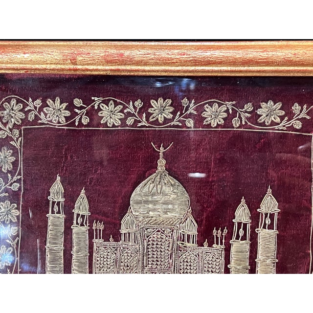 Vintage Giltwood Framed Zardozi Velvet & Gold Thread Embroidery Art Piece Depicting the Taj Mahal. For Sale - Image 4 of 9