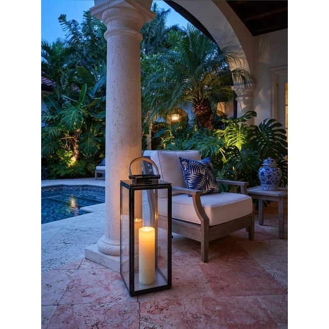 Vintage Modern Polished Gunmetal & Glass Floor Lantern With Tan Leather Handle For Sale - Image 11 of 12