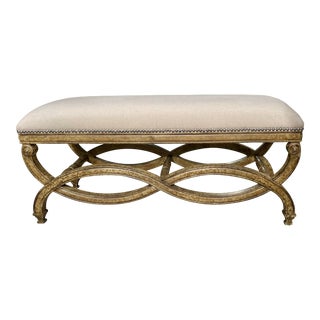 Transitional Curved Design Bench With Linen Top For Sale