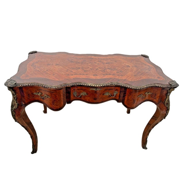Antique French Desk Three Dovetail Drawers Brass Ormolu Hand Cut Floral Inlays For Sale - Image 9 of 13