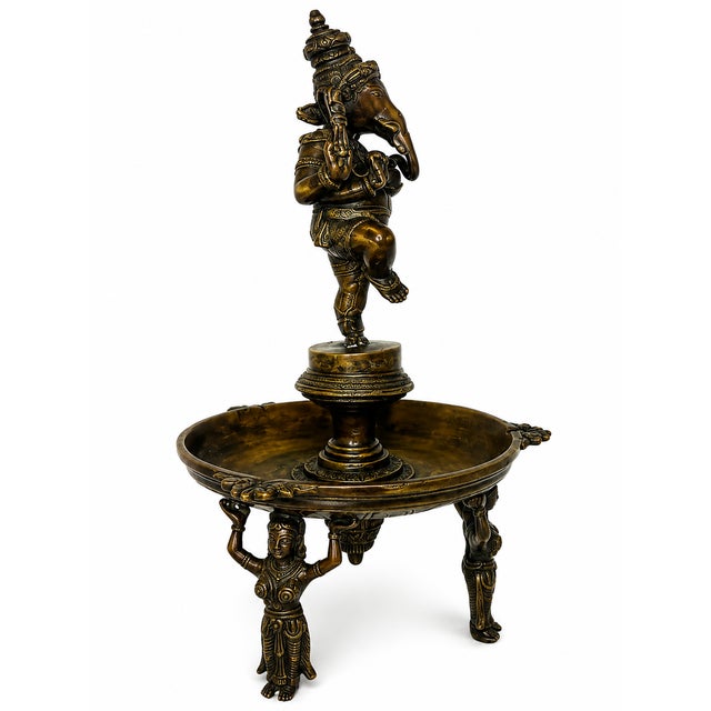 Asian Antique Dancing Ganesha Metal Sculpture on Pedestal Base For Sale - Image 3 of 7