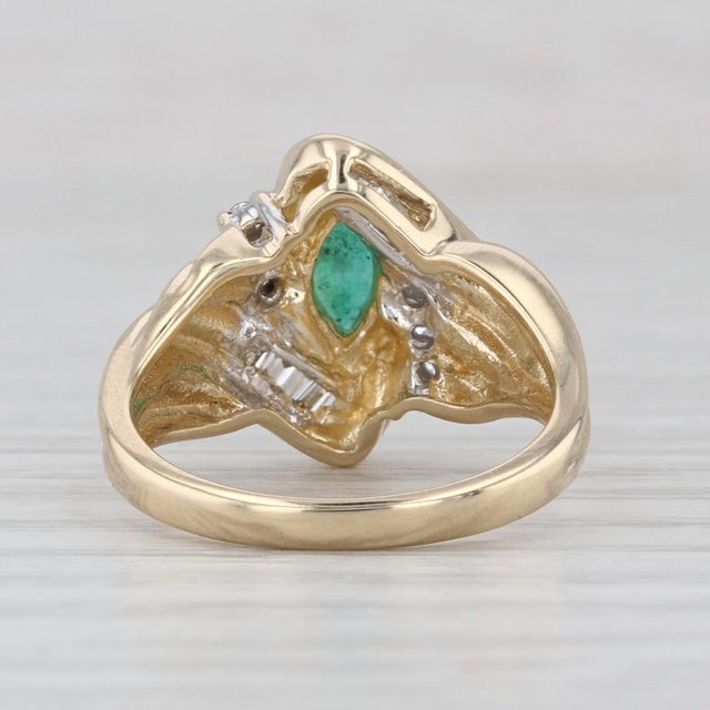 0.69ctw Marquise Emerald Diamond Ring 14k Yellow Gold Size 6.75 Bypass For Sale - Image 4 of 8