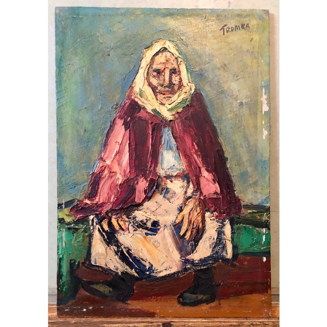 Paint Abram Tromka, Rare Polish American 1930s Oil Painting Painting WPA Russian Babushka Jewish Art For Sale - Image 7 of 8
