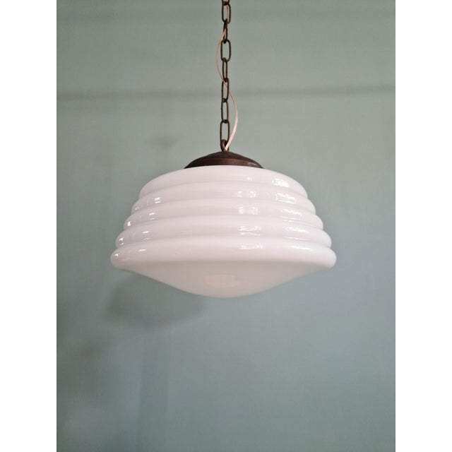 Metal Art Deco Pendant Light in White Opaline Glass, 1920s For Sale - Image 7 of 12