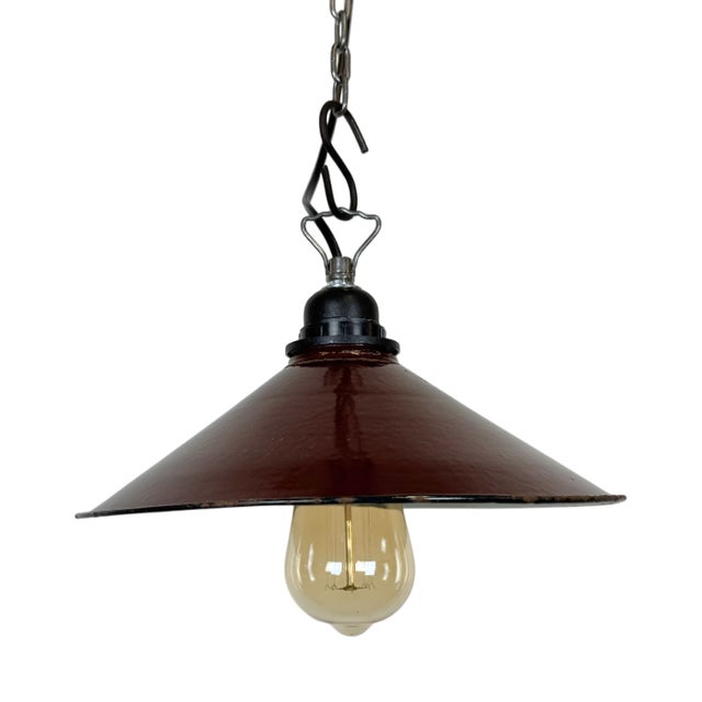 Industrial Dark Red Enamel Factory Pendant Lamp, 1960s For Sale