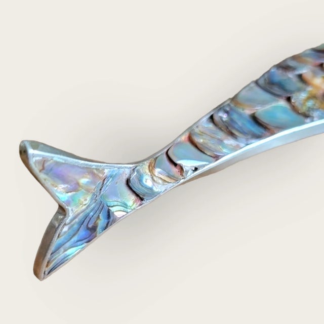 Vintage 1970s Los Castillos Silver Style Abalone Fish Bottle Opener - Sculptural Silver & Iridescent Gem For Sale In Dallas - Image 6 of 9