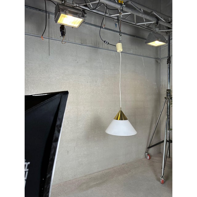 Vintage Hanging Lamp in Opaline Glass and Brass from Glashütte Limburg For Sale - Image 3 of 10