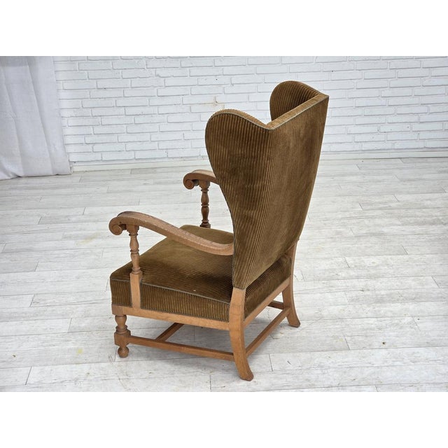 Scandinavian Wingback in Corduroy and Carved Oak, 1970s For Sale - Image 15 of 18