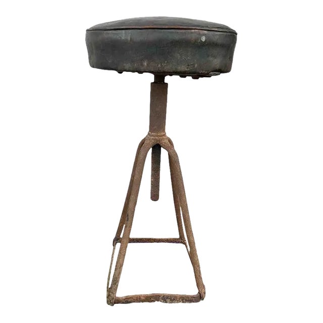 Vintage French Industrial Adjustable Stool – Iron Base With Black Seat For Sale
