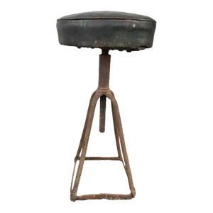 Vintage French Industrial Adjustable Stool – Iron Base With Black Seat