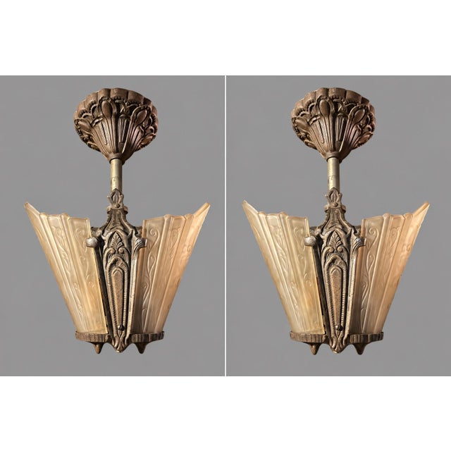 Pair Antique Art Deco 2 Light Ceiling Fixtures Amber Glass Slip Shades 1930s For Sale - Image 12 of 12